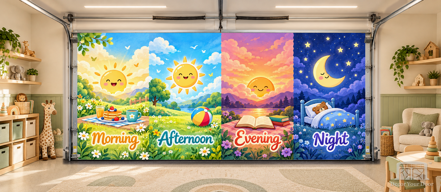 My Day Flow interior garage door cover — TwoCar-front in a nursery garage playroom