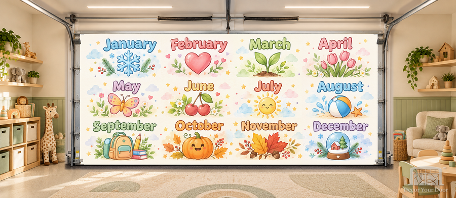 My First Months of the Year Learning interior garage door cover — TwoCar-front in a nursery garage playroom