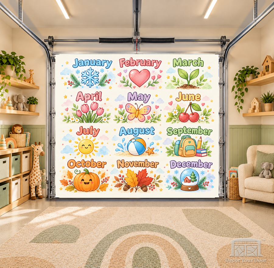 My First Months of the Year Learning interior garage door cover — OneCar-front in a nursery garage playroom