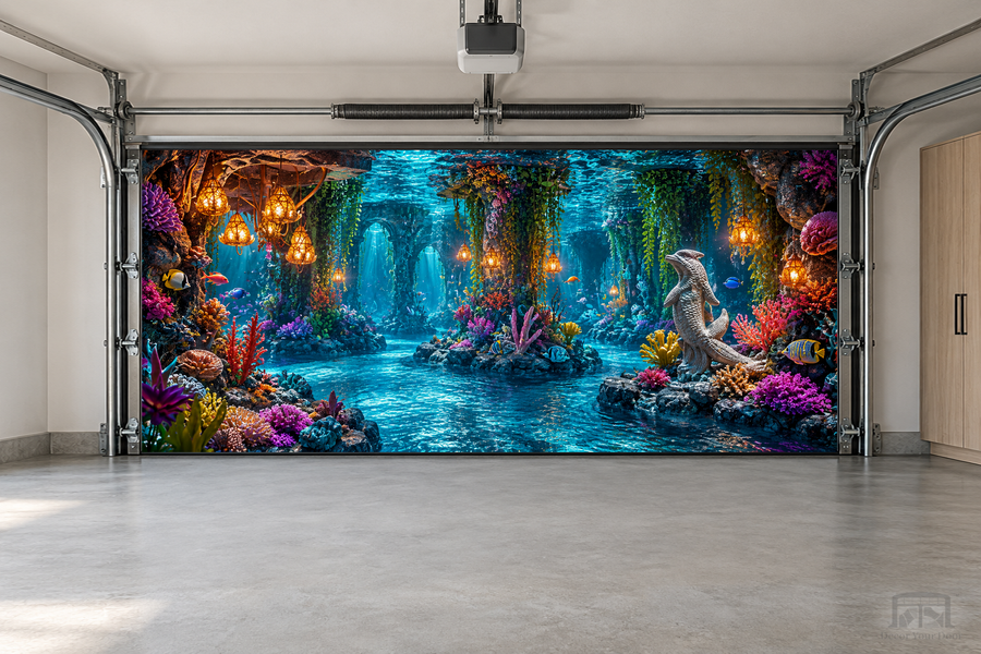 Mystic Reef Sanctuary interior garage door cover — two-car garage front view