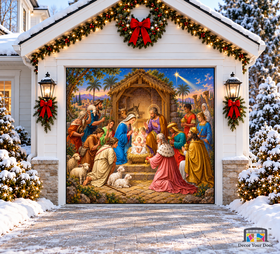 Nativity Fresco Christmas Garage Door Cover — one-car garage front view
