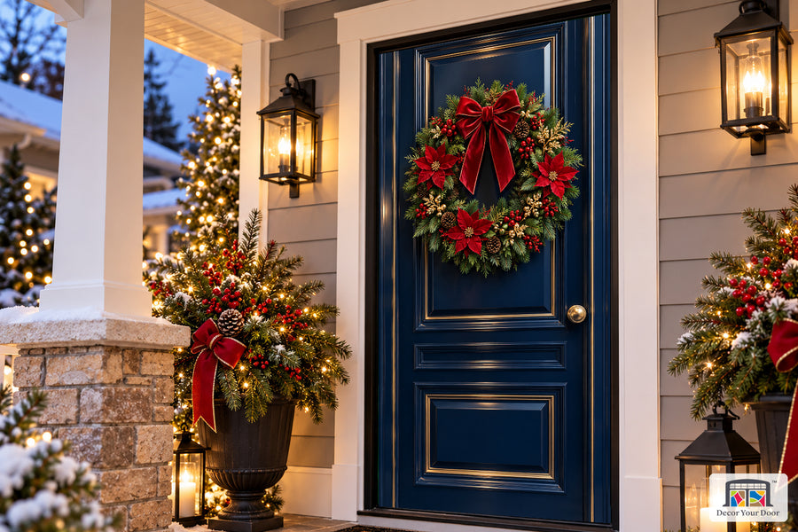 Navy Poinsettia Christmas Front Door Cover on the approved Christmas porch, angled view.