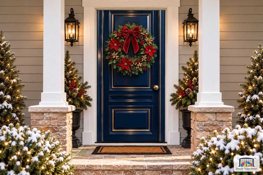 Navy Poinsettia Christmas Front Door Cover on a snowy Christmas porch, front view.