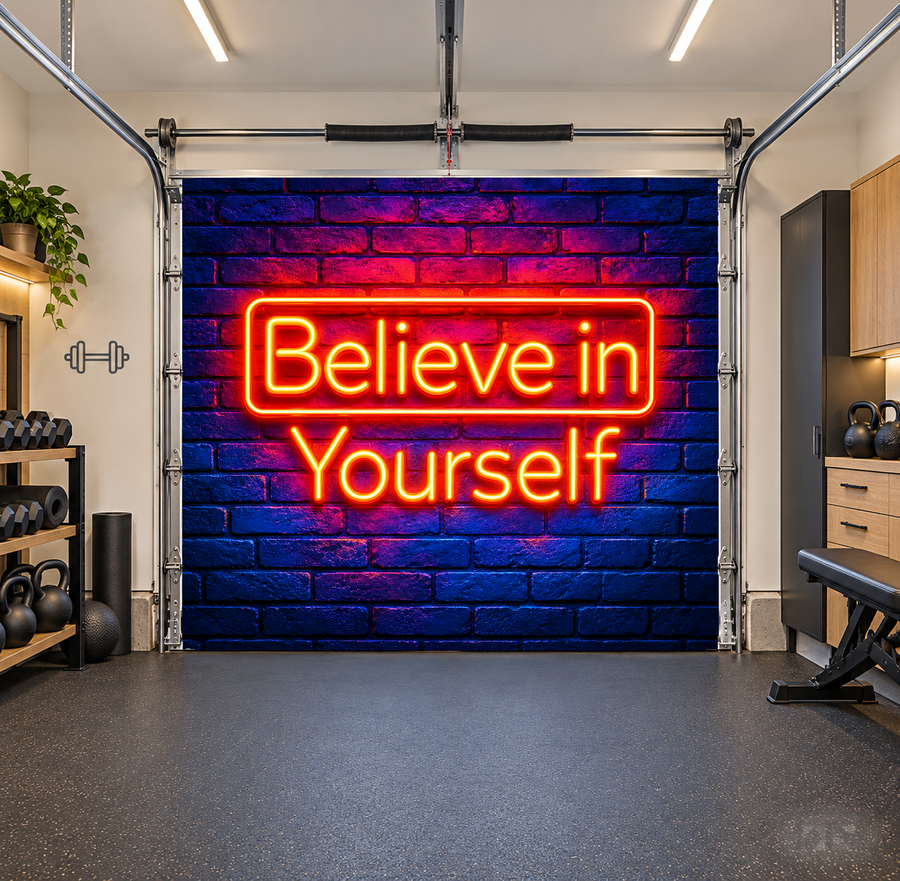 Neon Believe interior garage door cover — one car front