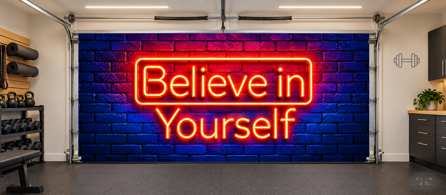 Neon Believe interior garage door cover — two car front