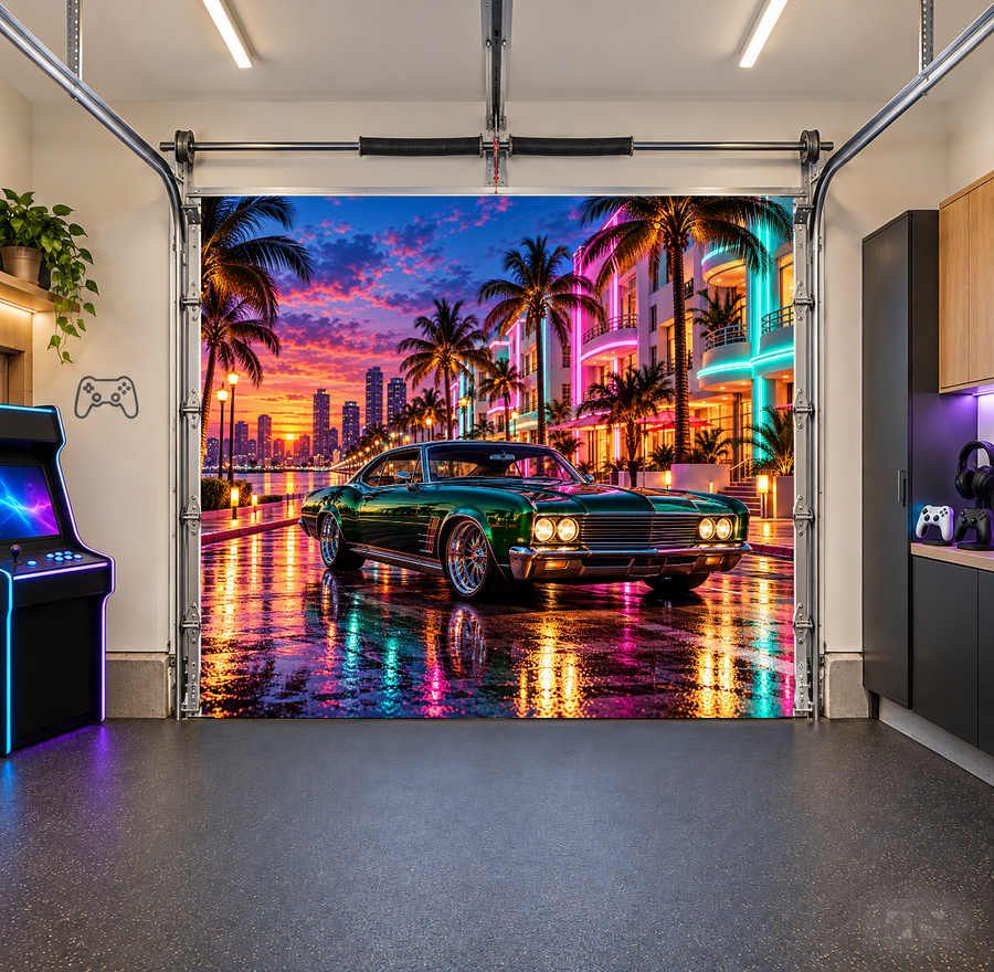 Neon Boulevard Nights interior garage door cover — one car front