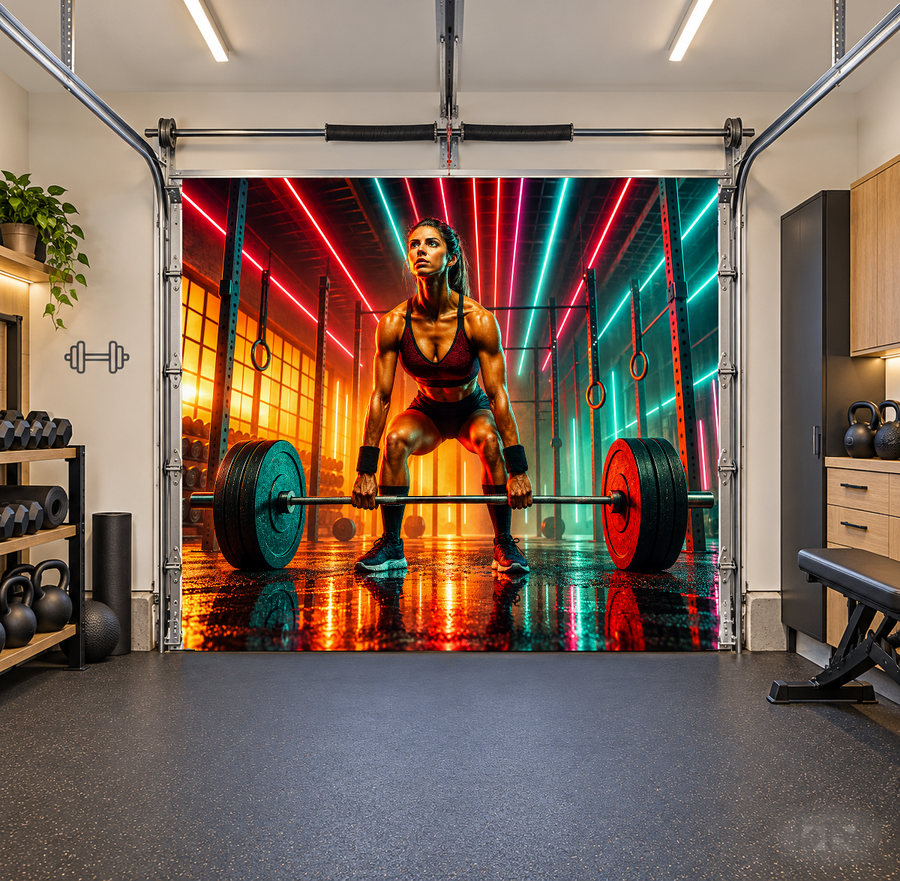 Neon Deadlift Focus interior garage door cover — one car front