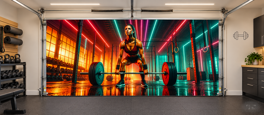 Neon Deadlift Focus interior garage door cover — two car front