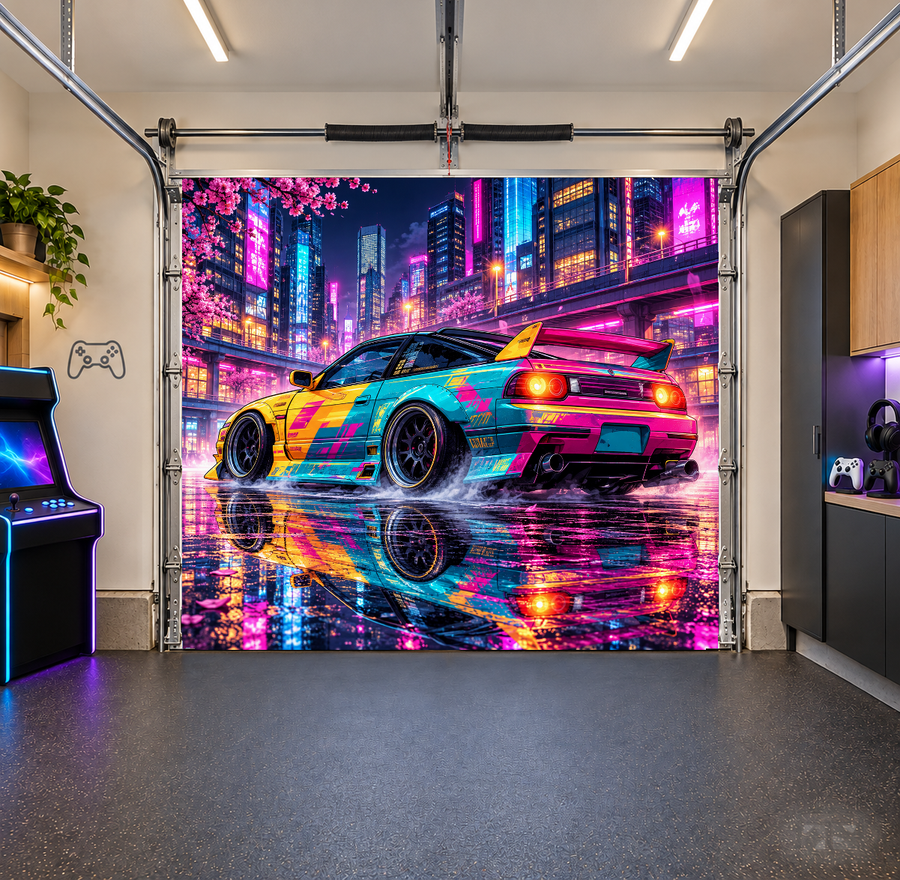 Neon Drift City Racer interior garage door cover — one car front