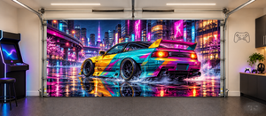 Neon Drift City Racer – Funda para puerta de garaje interior