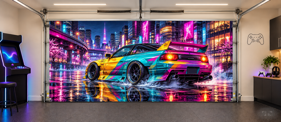 Neon Drift City Racer interior garage door cover — two car front