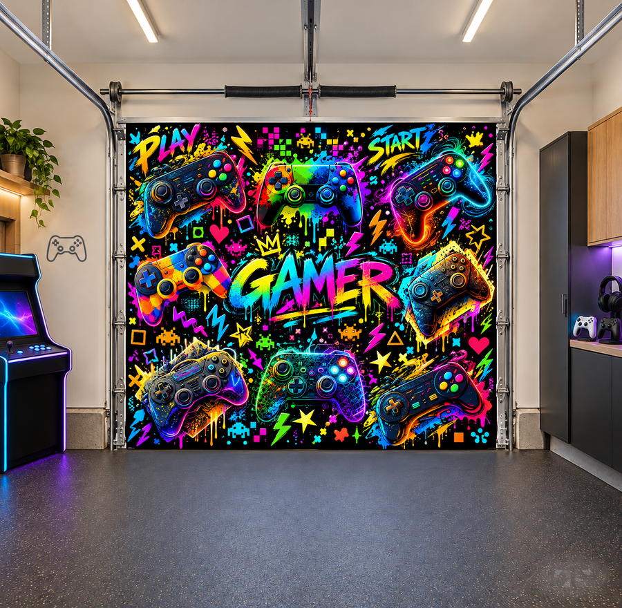 Neon Gamer Collage interior garage door cover — one car front