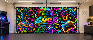 Collage de gamer de neón: Funda para puerta de garaje para sala de juegos