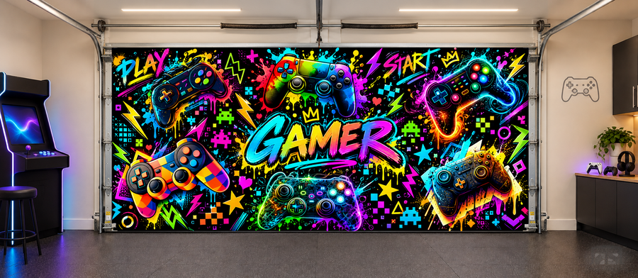 Neon Gamer Collage interior garage door cover — two car front