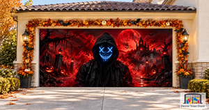 Neon Mask in Red Mist Halloween Garage Door Cover