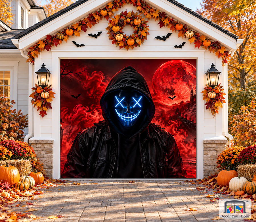 Neon Mask in Red Mist Halloween garage door cover – One Car front view