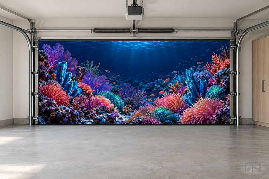 Neon Reef Garden interior garage door cover — two-car garage front view