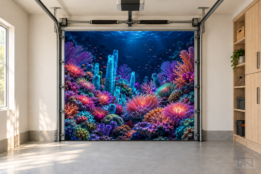 Neon Reef Garden interior garage door cover — one-car garage front view