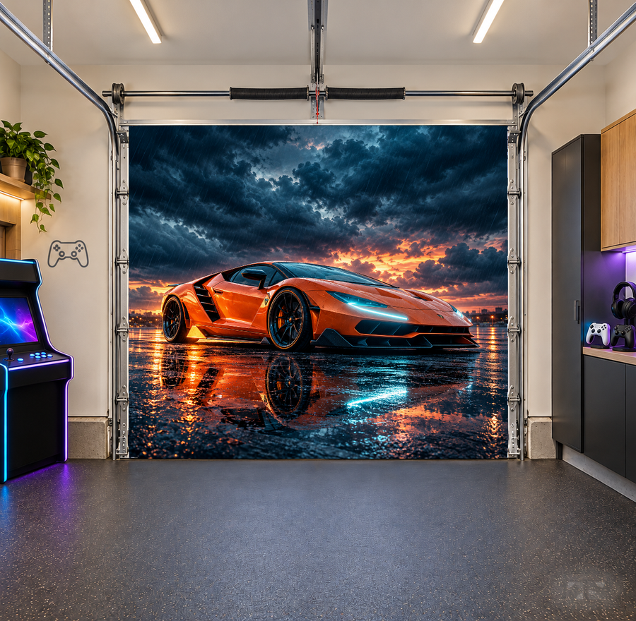 Neon Storm Supercar interior garage door cover — one car front