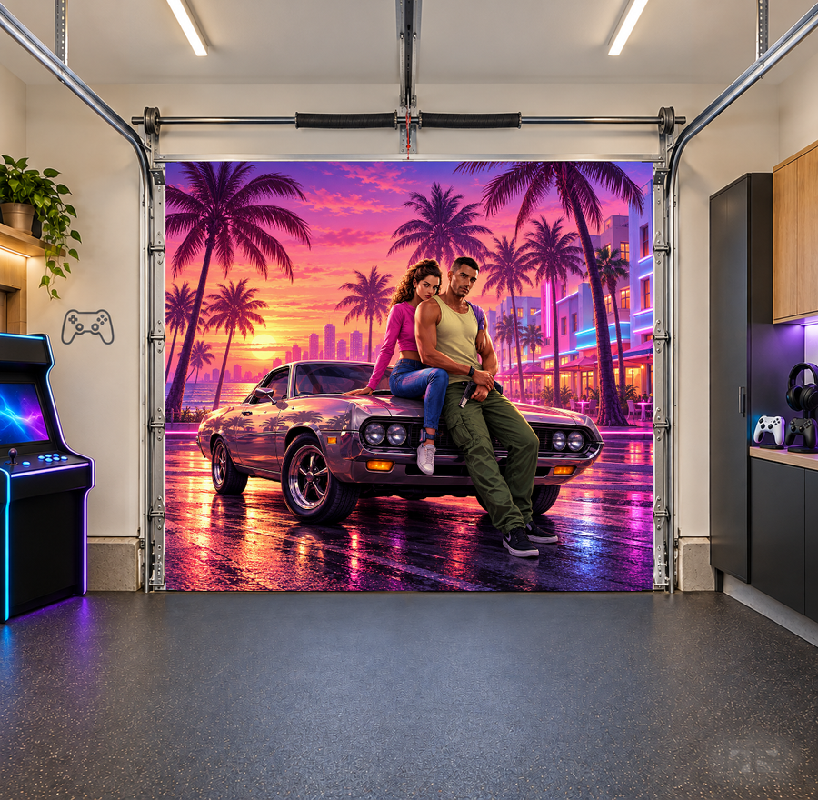 Neon Vice Nights interior garage door cover — one car front