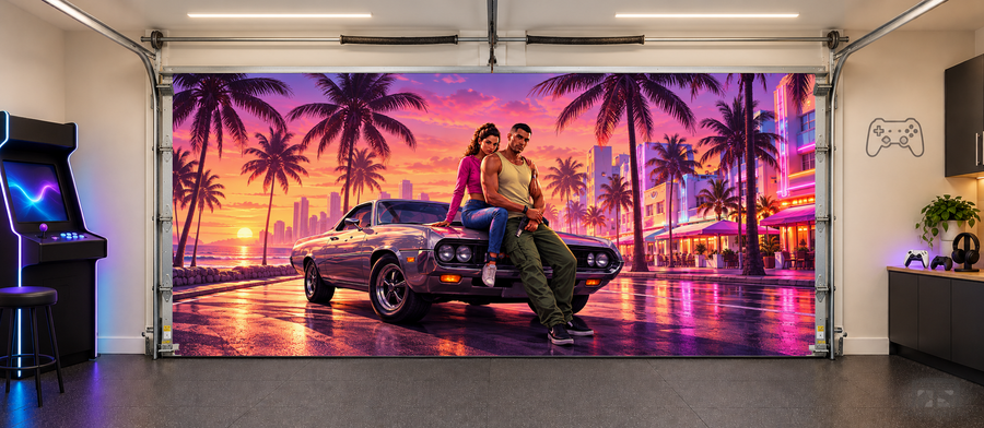 Neon Vice Nights interior garage door cover — two car front