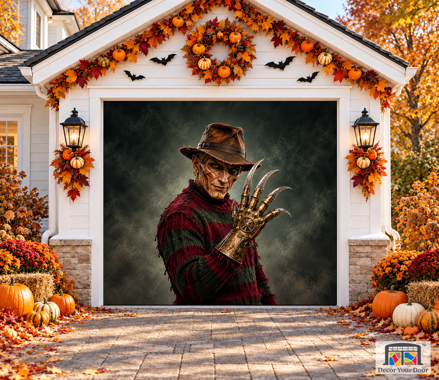 Nightmare Glove Halloween garage door cover – One Car front view