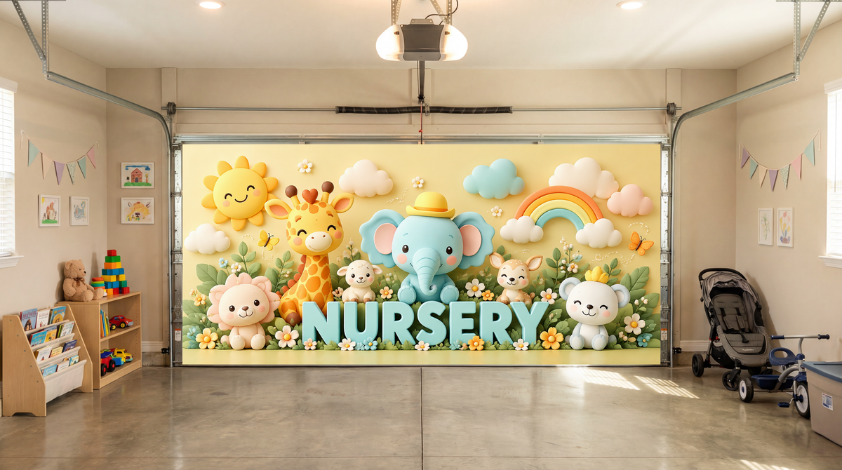 After: Sweet Safari Friends nursery cover, complete design on the same interior two-car garage door