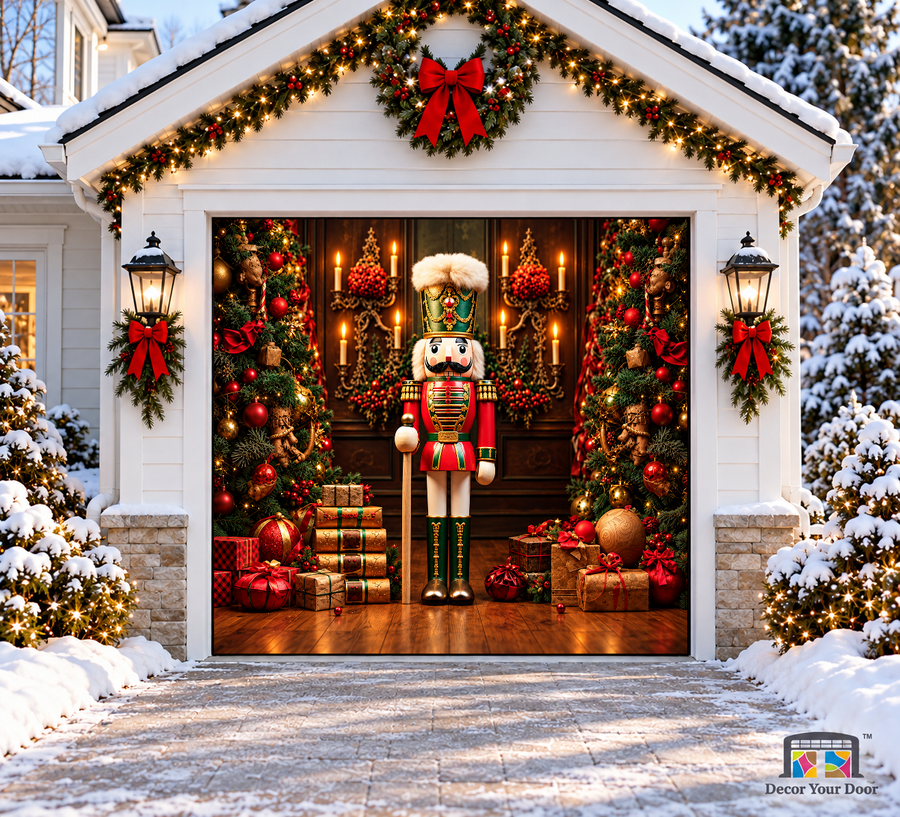 Nutcracker Christmas Garage Door Cover — one-car garage front view