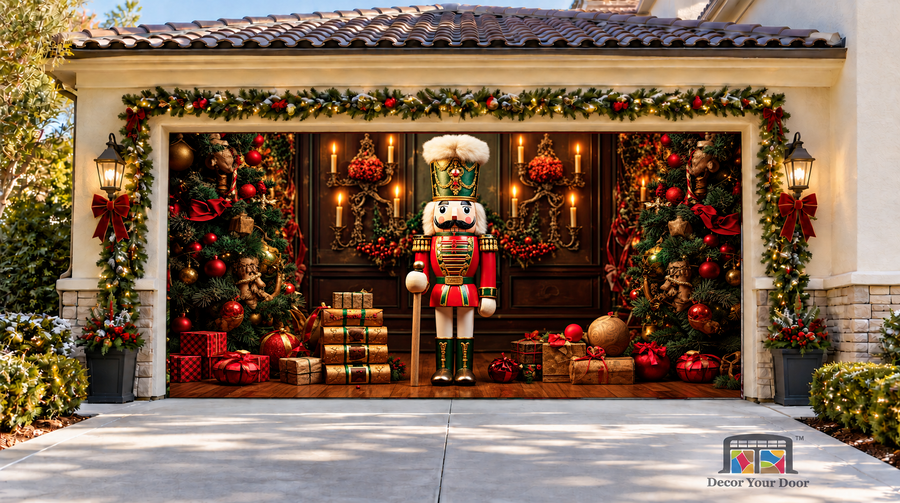 Nutcracker Christmas Garage Door Cover — two-car garage front view