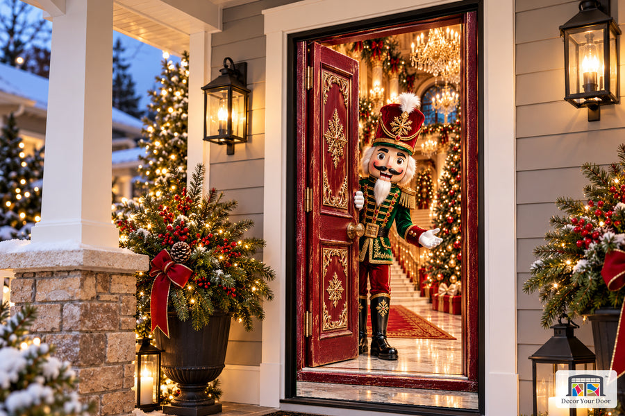 Nutcracker Palace Welcome Front Door Cover on the approved Christmas porch, angled view with complete illustrated door.