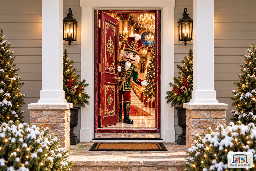 Nutcracker Palace Welcome Front Door Cover printed 3D door illusion on a snowy Christmas porch, front view.