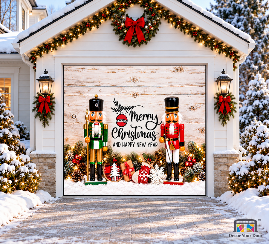Nutcrackers Christmas & New Year Garage Door Cover — one-car garage front view