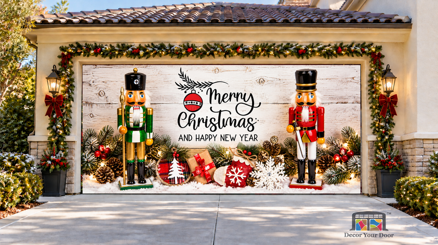 Nutcrackers Christmas & New Year Garage Door Cover — two-car garage front view