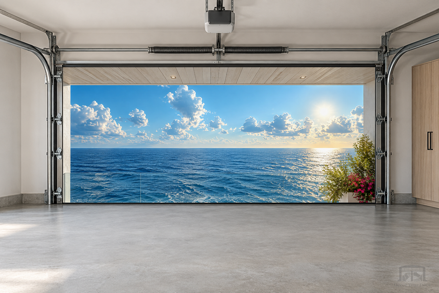 Ocean Horizon View interior garage door cover — two-car front view