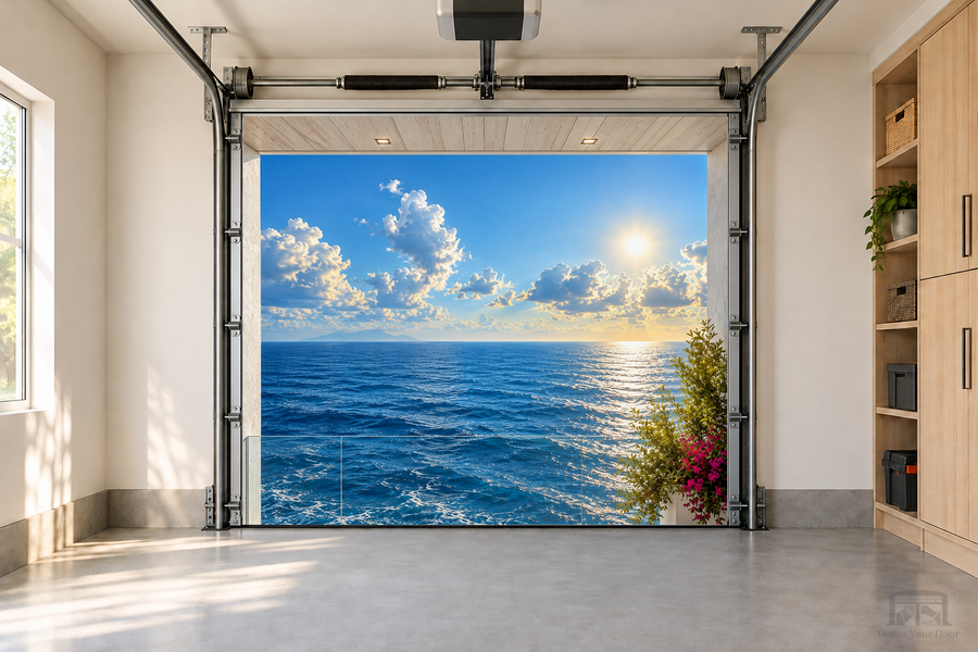 Ocean Horizon View interior garage door cover — one-car front view