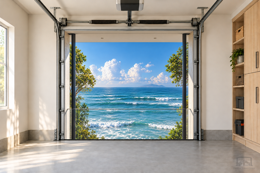 Ocean Serenity View interior garage door cover — one-car front view