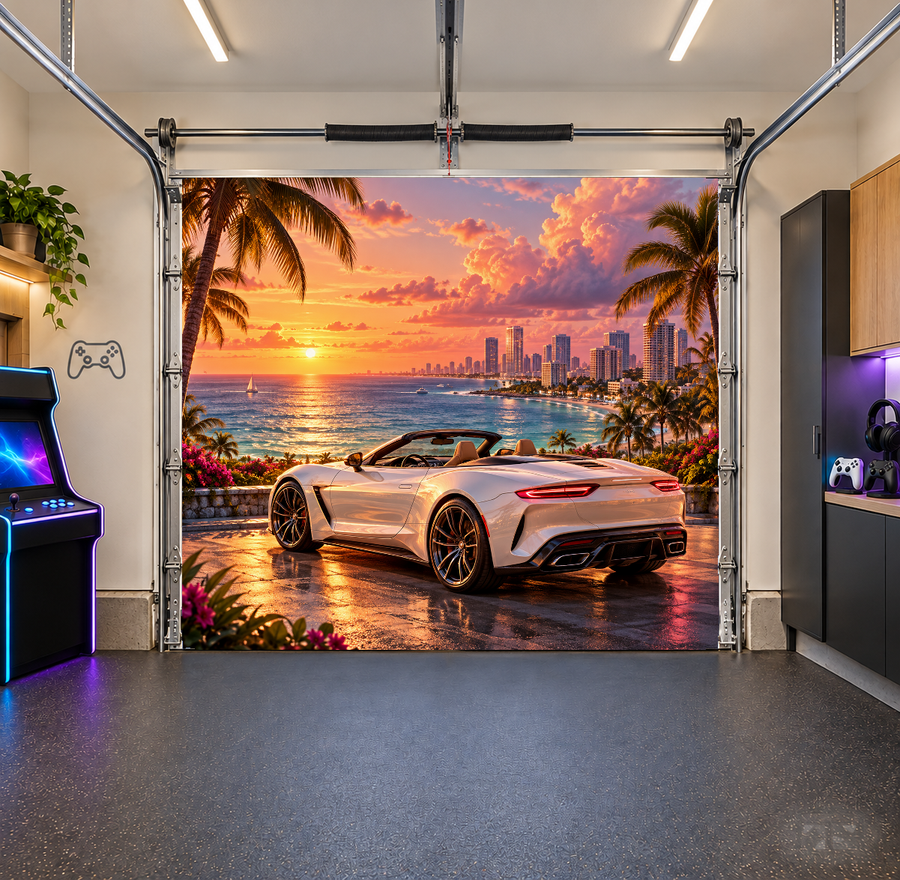 Oceanfront Afterglow interior garage door cover — one car front