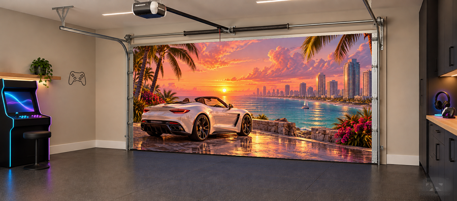 Oceanfront Afterglow interior garage door cover — two car angled
