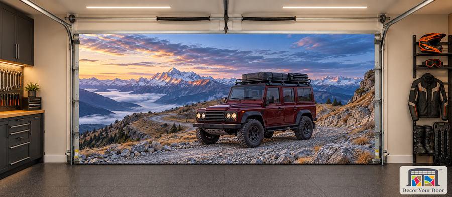 Alpine Expedition expedition 4x4 interior garage door cover, two-car front view in an off-road garage