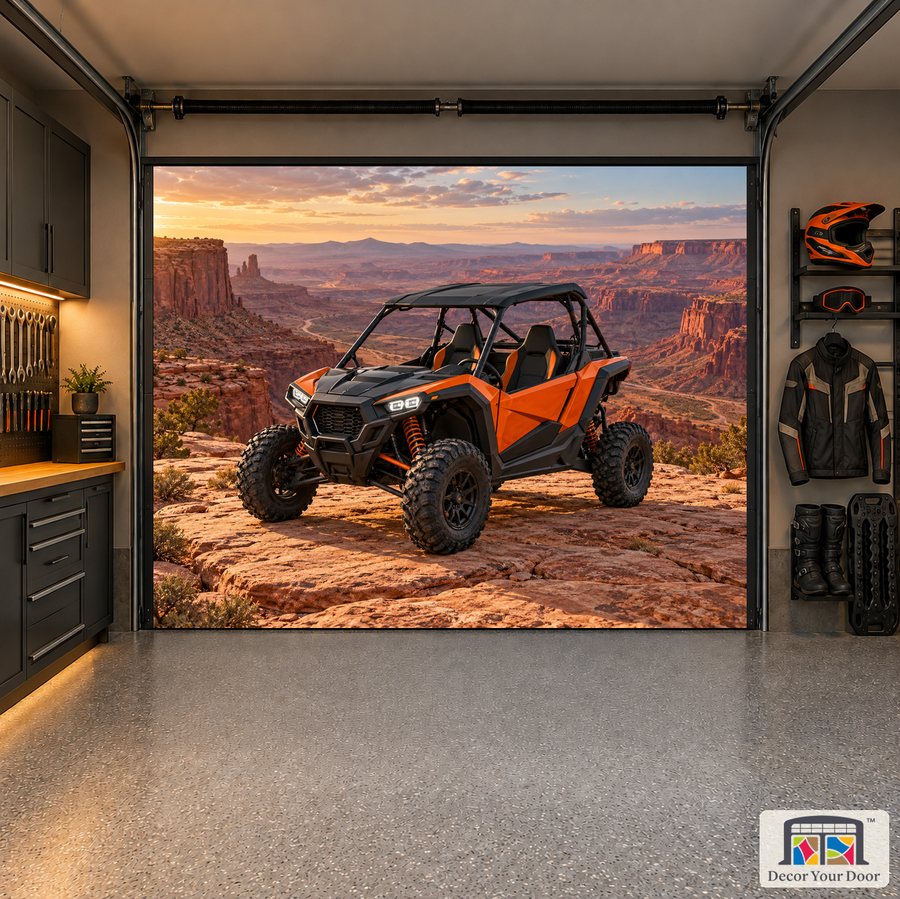 Canyon Runner interior garage door cover — one-car garage front view