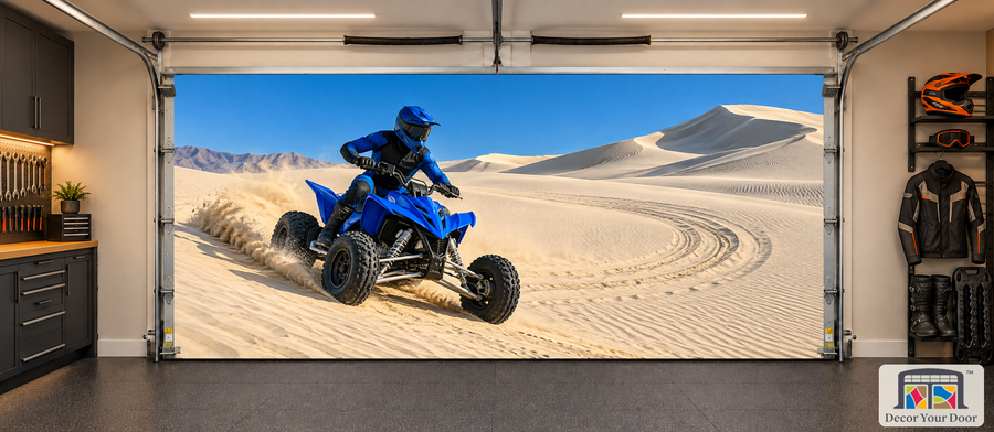 Dune Sprint interior garage door cover in an off-road garage, two-car front view