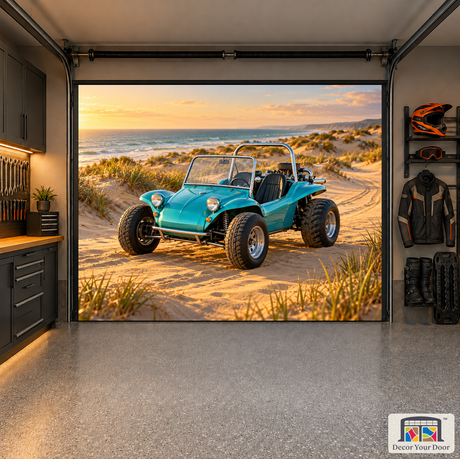 Golden Dune Buggy interior garage door cover — one-car garage front view