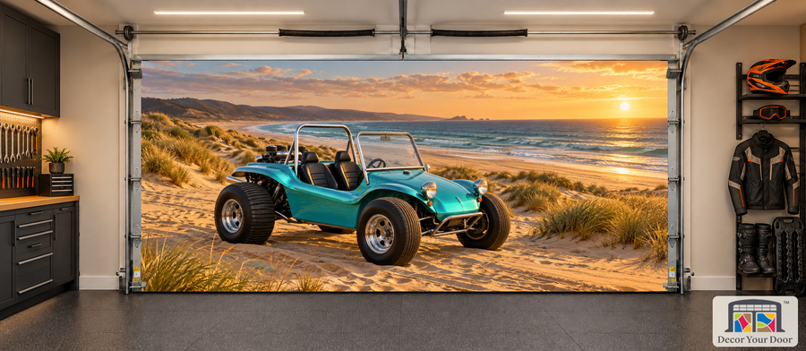 Golden Dune Buggy dune buggy interior garage door cover, two-car front view in an off-road garage