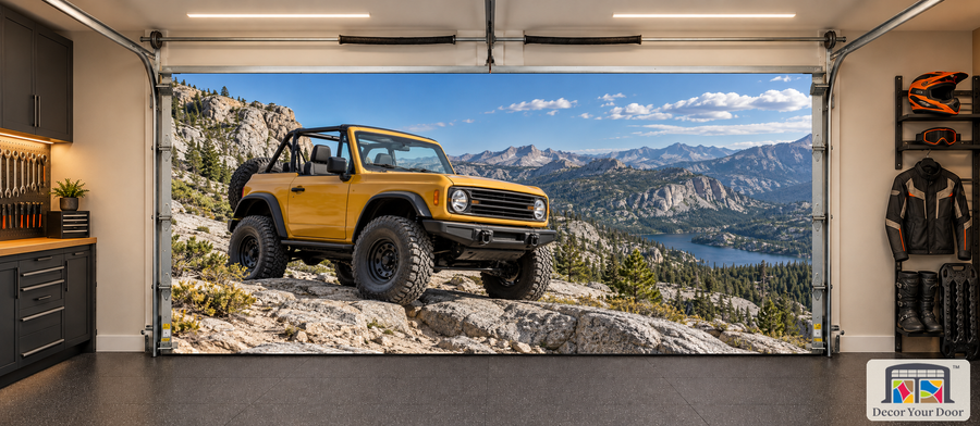 Granite Pass off-road 4x4 interior garage door cover, two-car front view in an off-road garage