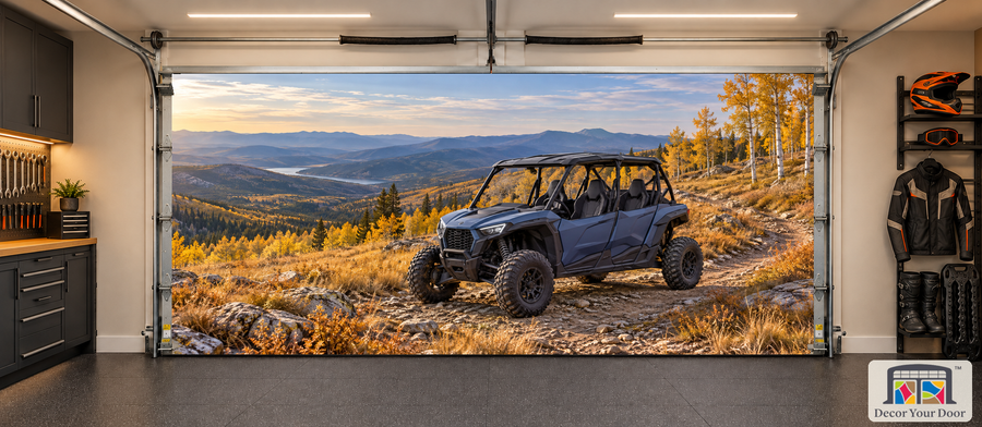 High Country Traverse side-by-side interior garage door cover, two-car front view in an off-road garage