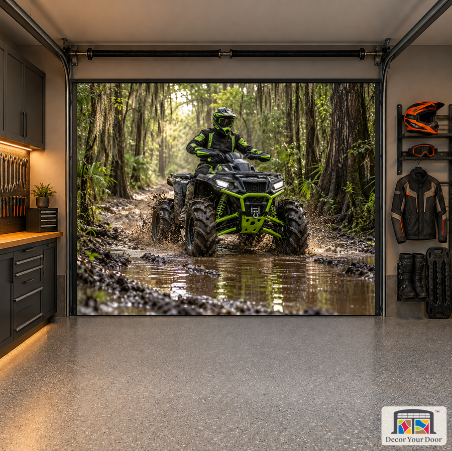 Mudline Torque interior garage door cover — one-car garage front view