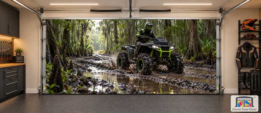 Mudline Torque mud atv interior garage door cover, two-car front view in an off-road garage