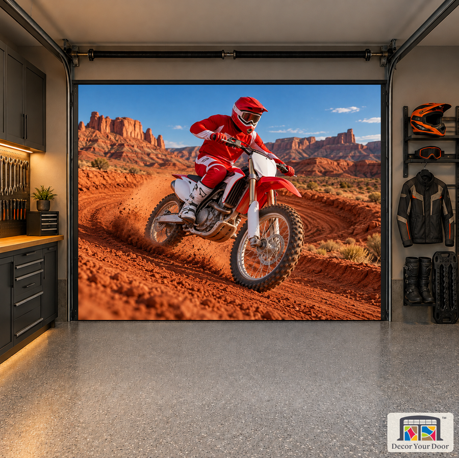 Red Rock Rally interior garage door cover — one-car garage front view