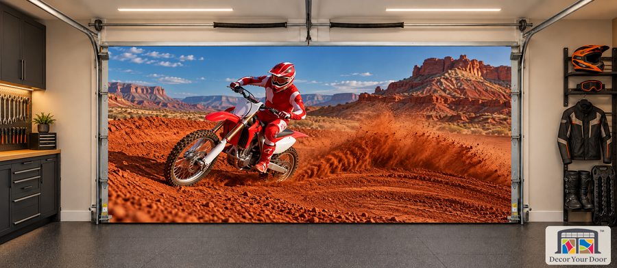 Red Rock Rally dirt bike interior garage door cover in an off-road garage, two-car front view