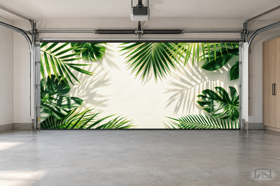 Palm Light Escape interior garage door cover — two-car garage front view